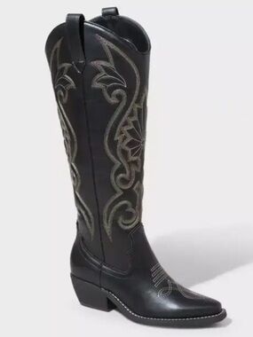 Black Western Knee-High Boots with Tan and White Stitching